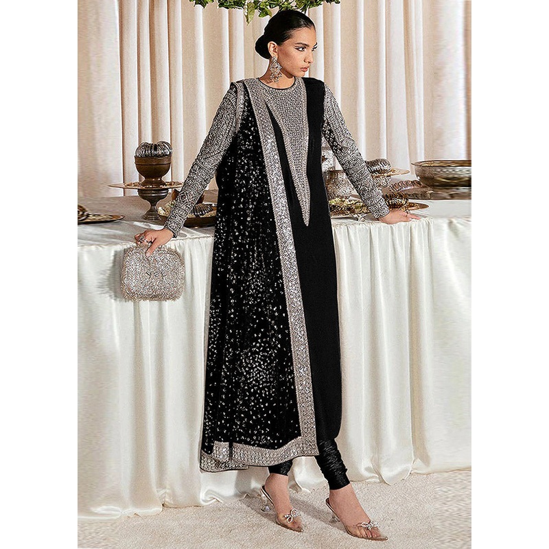 3 Pc Black Semi Stitched Georgette Suit Set - JD986590633