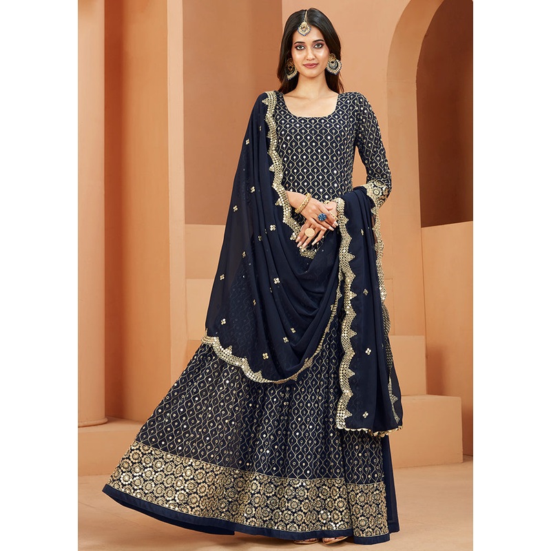 3 Pc Blue Georgette Semi Stitched Anakali Suits Set - JD986590569