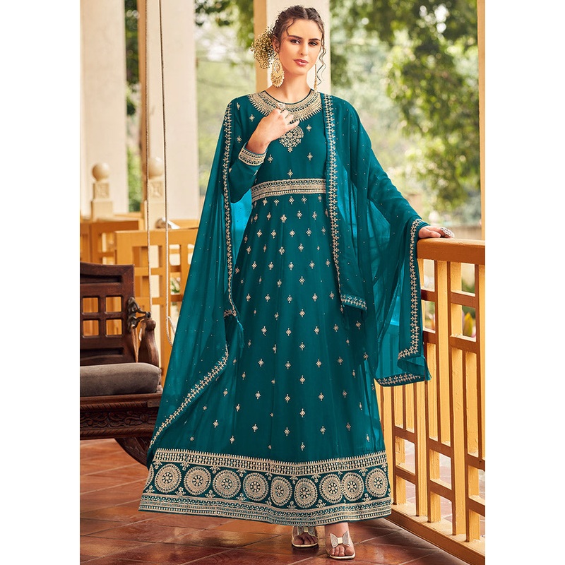 3 Pc Blue Georgette Suit Set With Dupatta - JD986590534