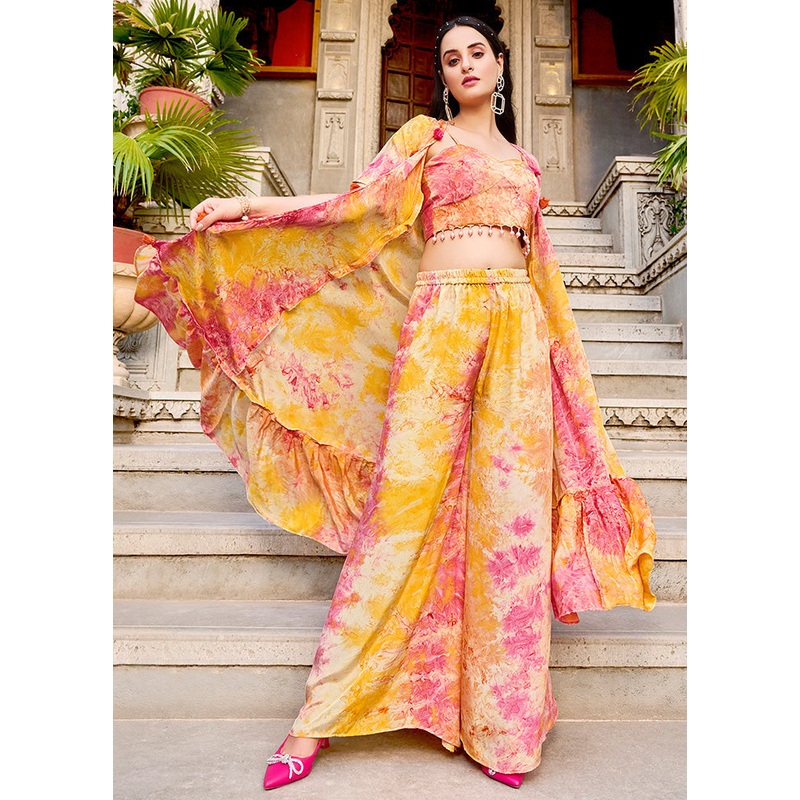 3 Pc Yellow Readymade Pure Silk Coord Set - JD986590645