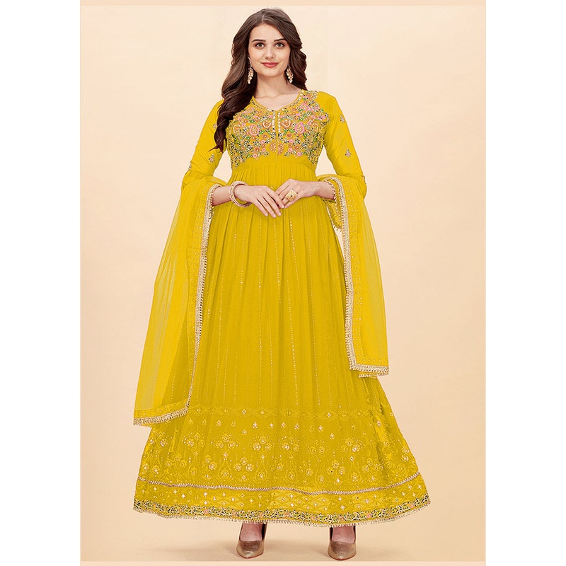 3 Pc Yellow Semi Stitched Georgette Suit Set - JD986590694