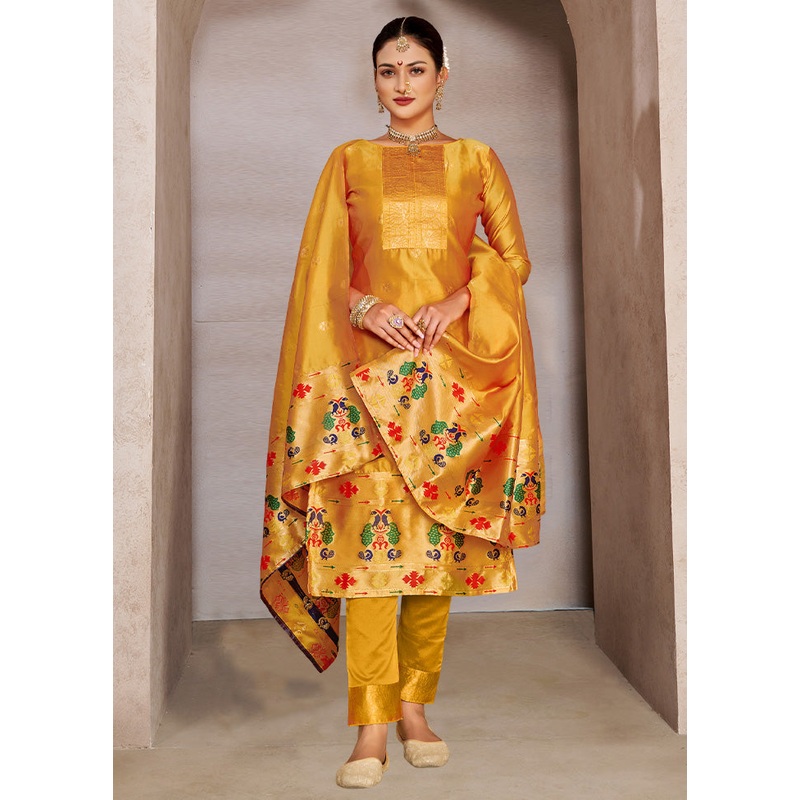3 Pc Yellow Semi Stitched Silk Suit Set - JD986590606