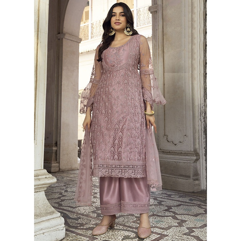 3 Pc Baby Pink Net Suit Set With Dupatta - JD986590405