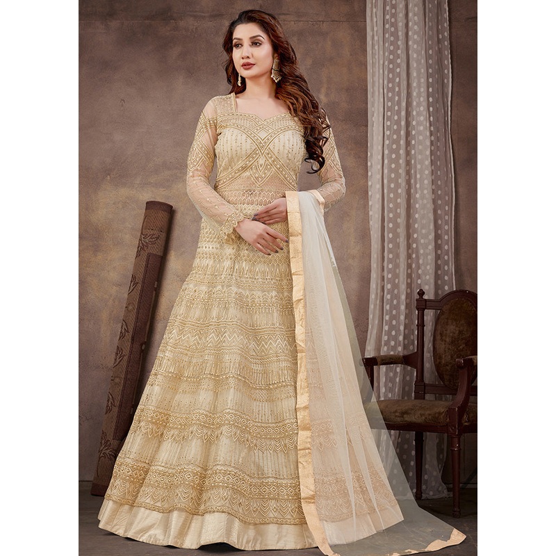 3 Pc Beige Semi Stitched Net Suit Set With Dupatta - JD986590452