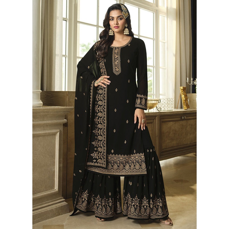3 Pc Black Georgette Sharara Suit Set With Dupatta - JD986590413