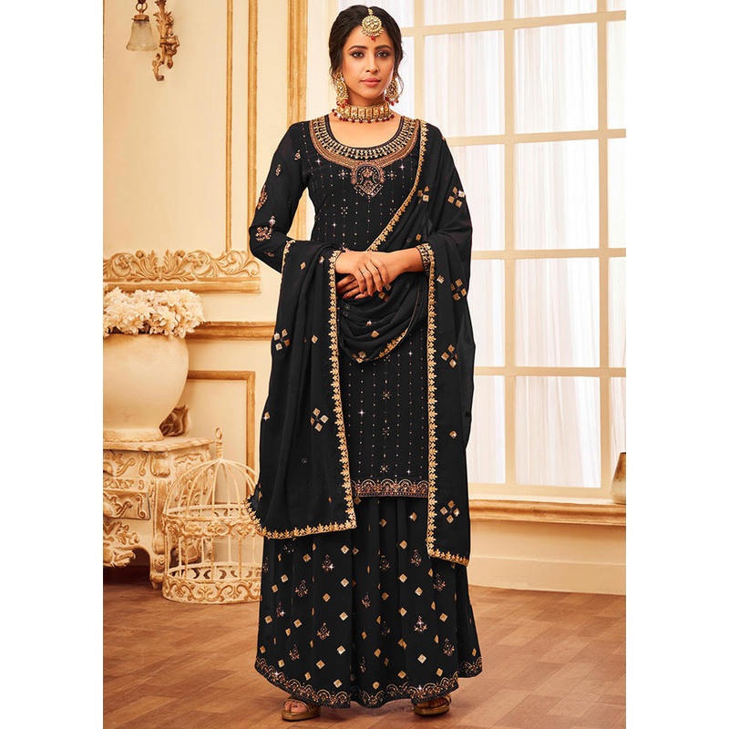 3 Pc Black Georgette Suit Set With Dupatta - JD986590324