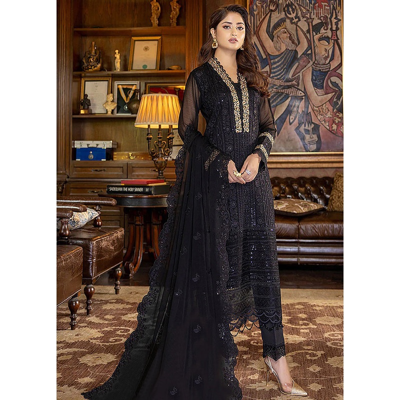 3 Pc Black Georgette Suit Set With Dupatta - JD986590333