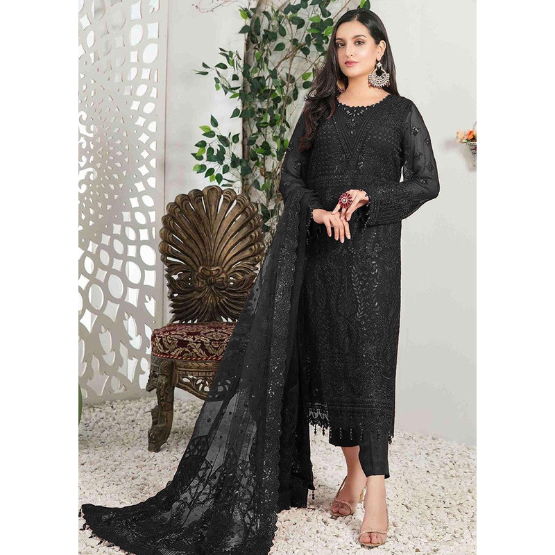 3 Pc Black Georgette Suit Set With Dupatta - JD986590428
