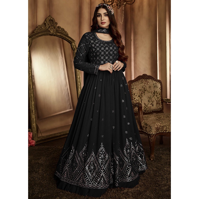 3 Pc Black Georgette Suit Set With Dupatta - JD986590433