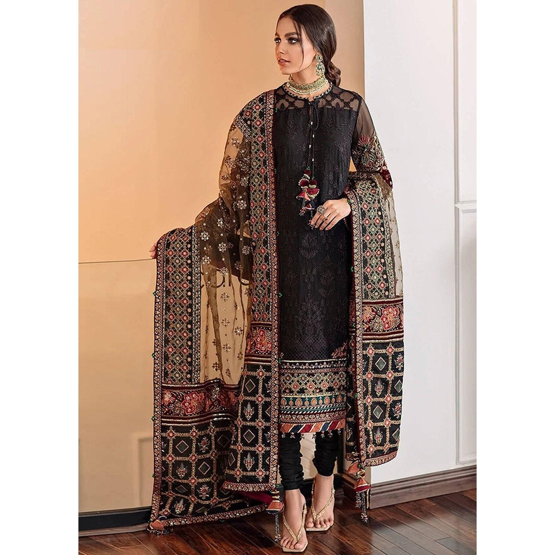 3 Pc Black Semi Stitched Georgette Suit Set - JD986590378