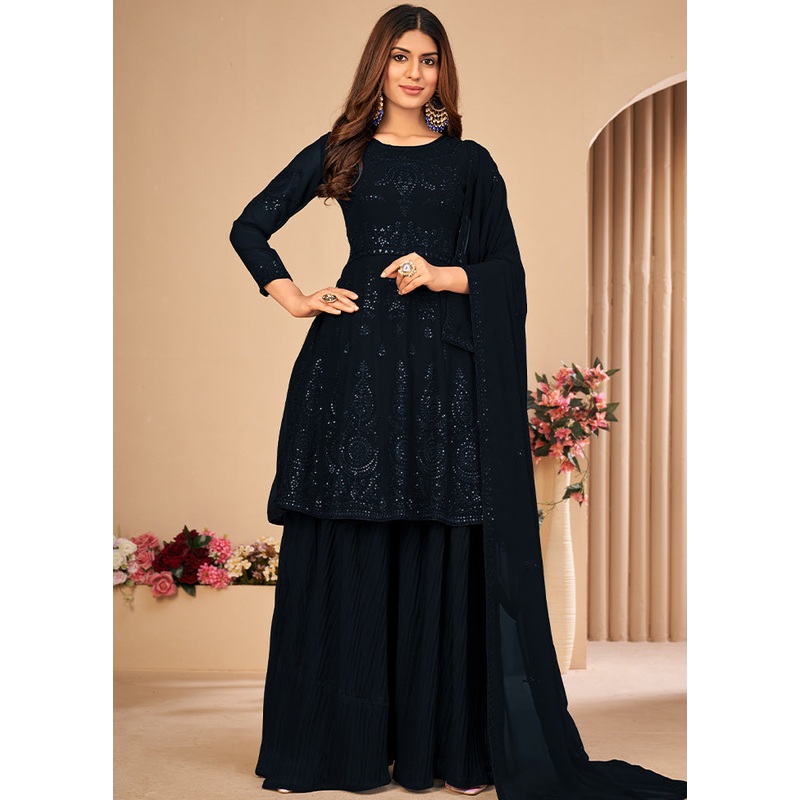 3 Pc Black Unstitched Georgett Suit Set With Dupatta - JD986590465