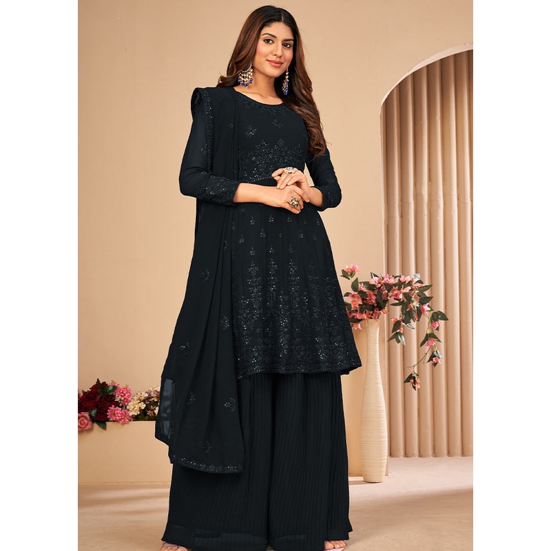 3 Pc Black Unstitched Georgett Suit Set With Dupatta - JD986590470