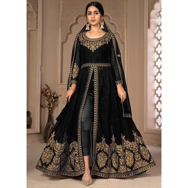 3 Pc Black Unstitched Georgett Suit Set With Dupatta - JD986590479