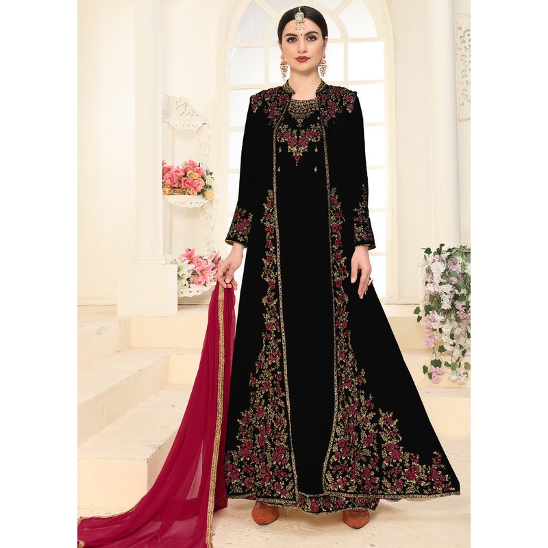 3 Pc Black Unstitched Georgett Suit Set With Dupatta - JD986590485