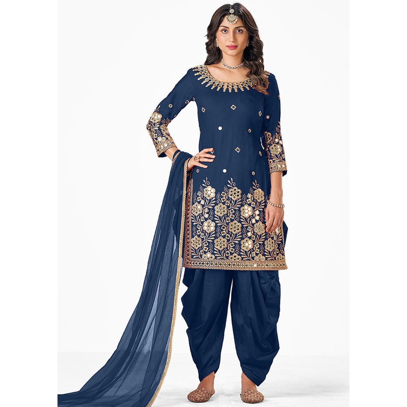 3 Pc Blue Georgette Mirror Suit Set With Dupatta - JD986590344