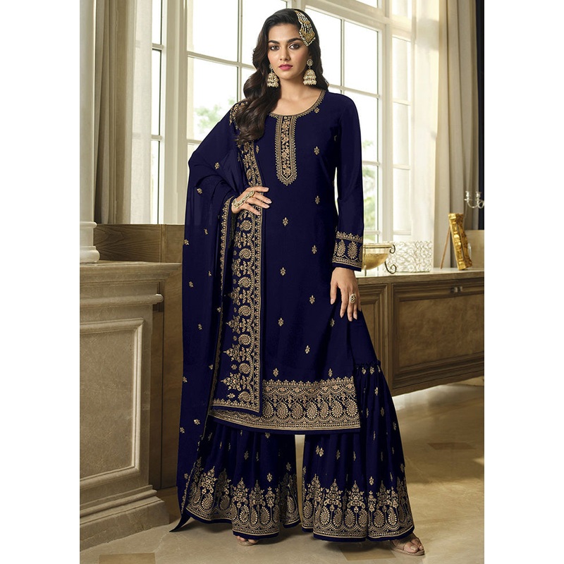3 Pc Blue Georgette Sharara Suit Set With Dupatta - JD986590415