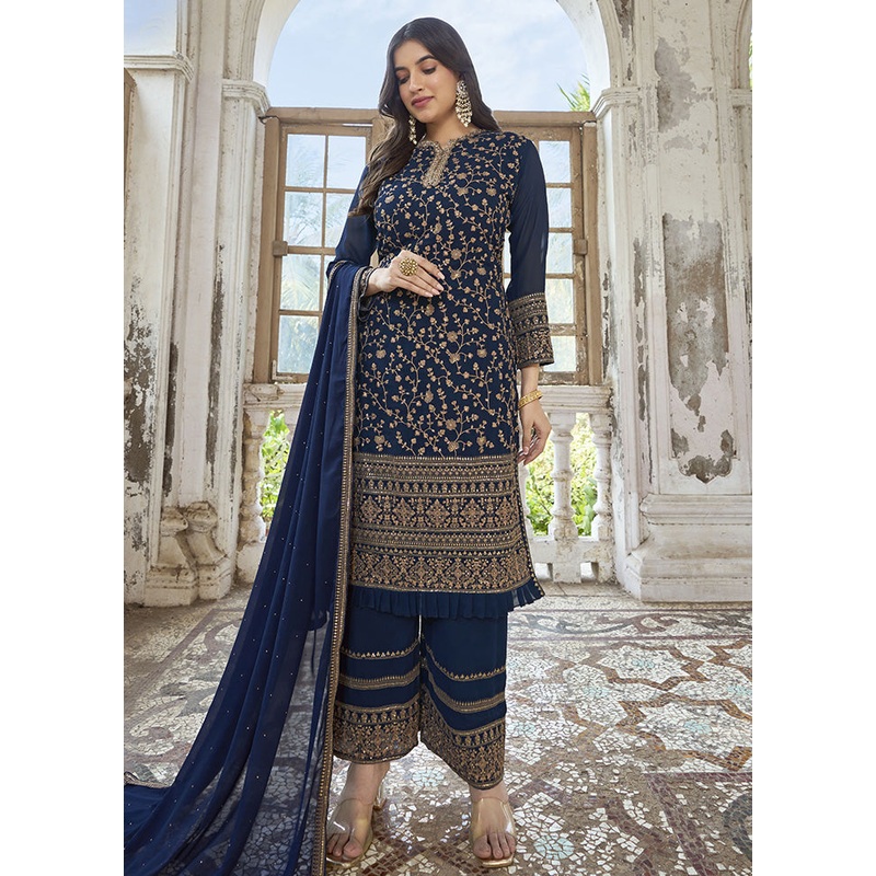 3 Pc Blue Georgette Sharara Suit Set With Dupatta - JD986590438