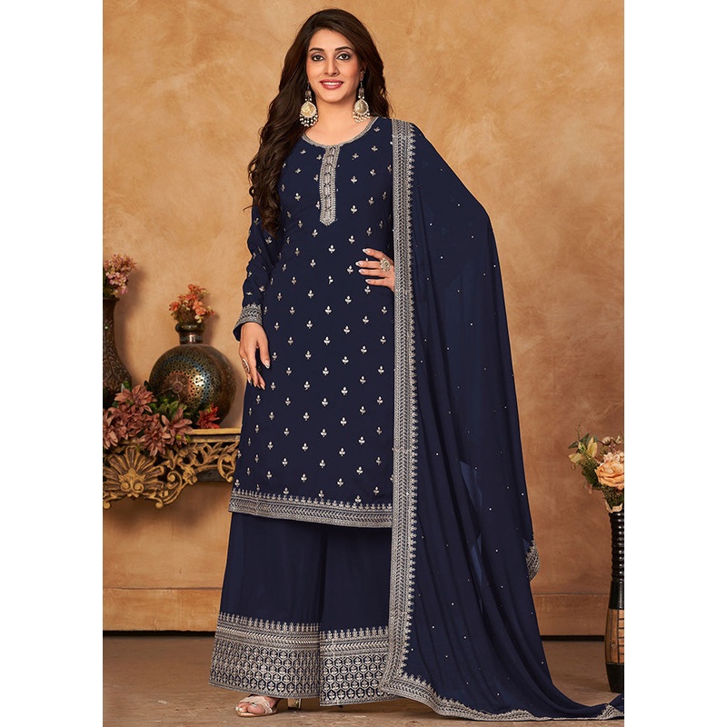 3 Pc Blue Georgette Sharara Suit Set With Dupatta - JD986590446