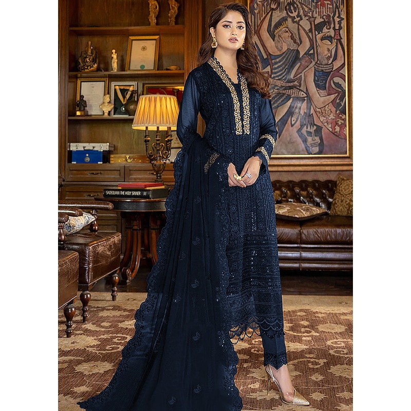 3 Pc Blue Georgette Suit Set With Dupatta - JD986590334