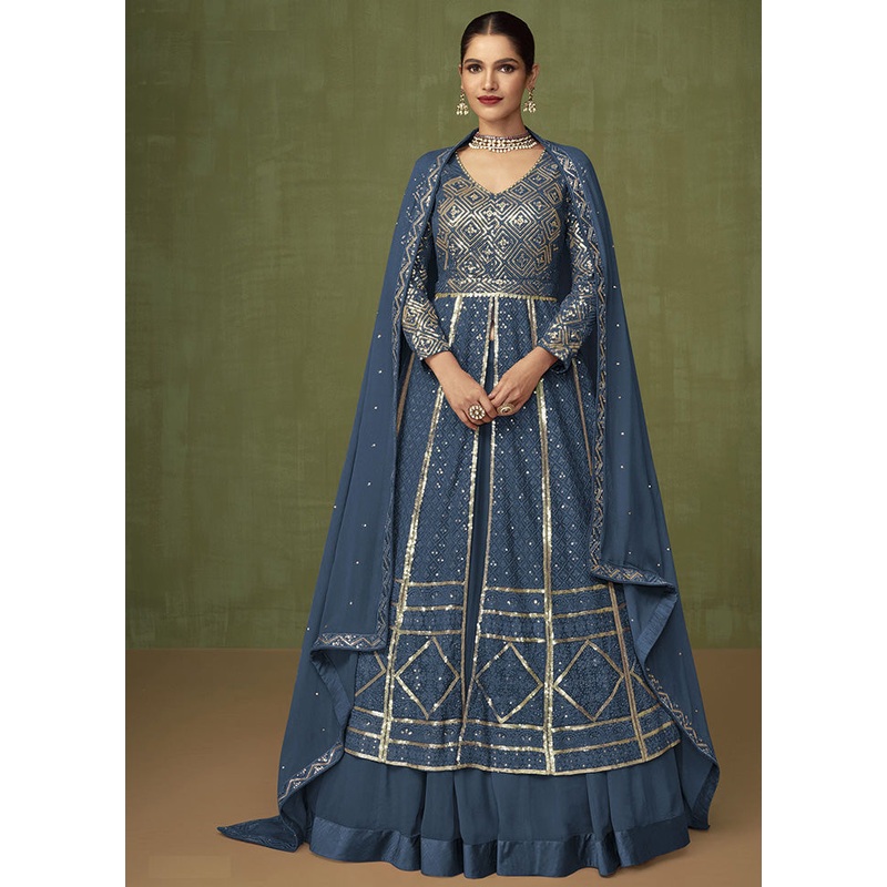 3 Pc Blue Georgette Suit Set With Dupatta - JD986590399