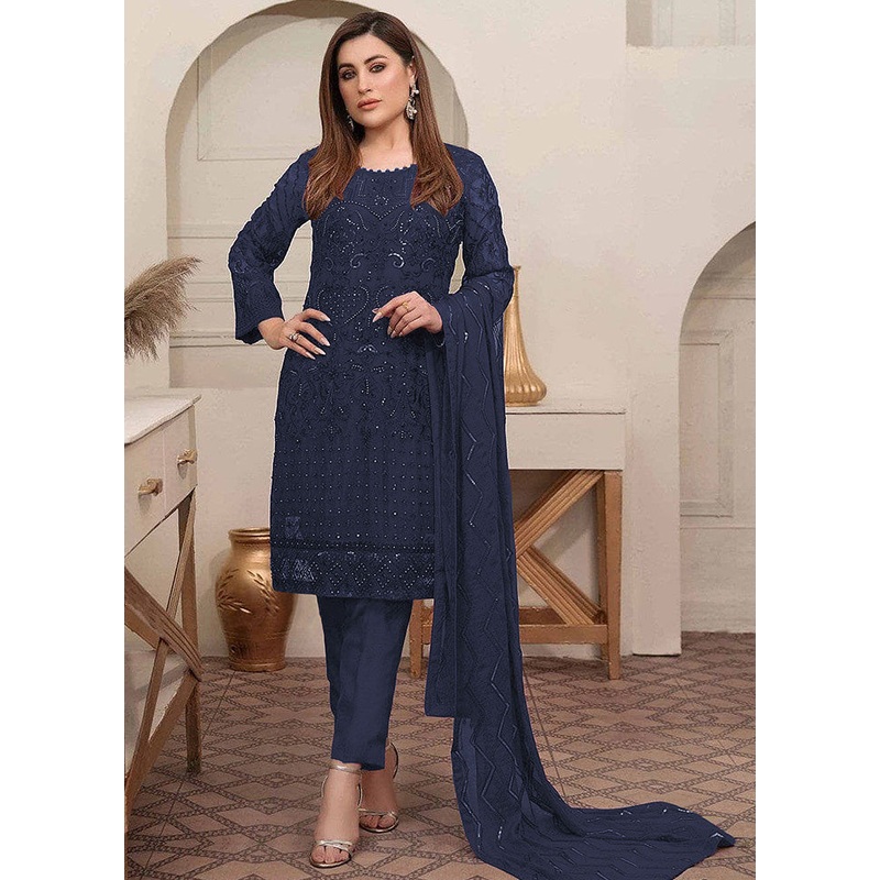 3 Pc Blue Georgette Suit Set With Dupatta - JD986590404