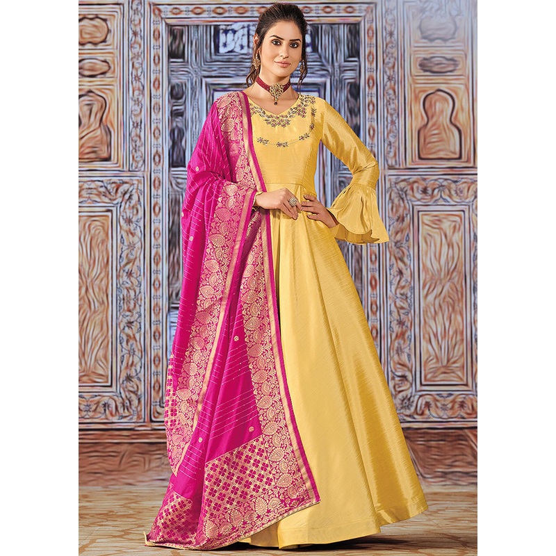 3 Pc Yellow Pure Silk Suit Set With Dupatta - JD986590348