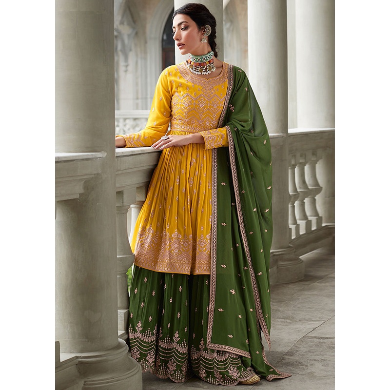 3 Pc Yellow Semi Stitched Georgette Suit Set - JD986590377