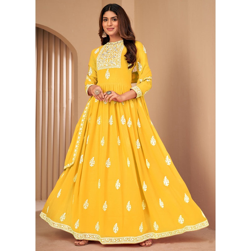 3 Pc Yellow Unstitched Georgett Suit Set With Dupatta - JD986590464
