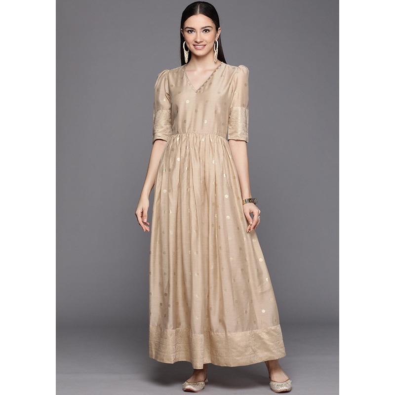 Beige Readymade Silk Woven Kurti - JD986590298
