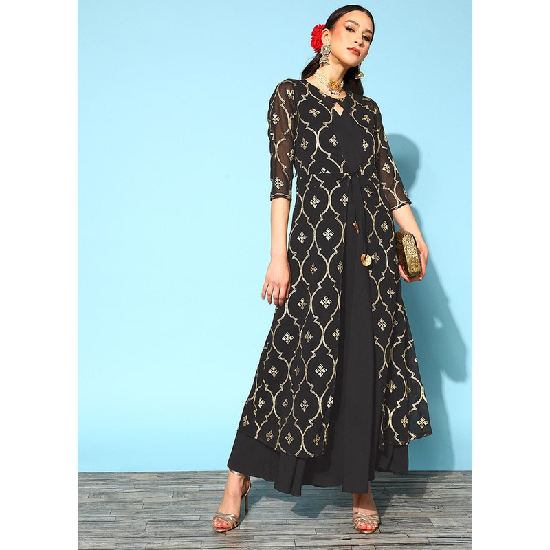 Black Readymade Silk Woven Kurti - JD986590300