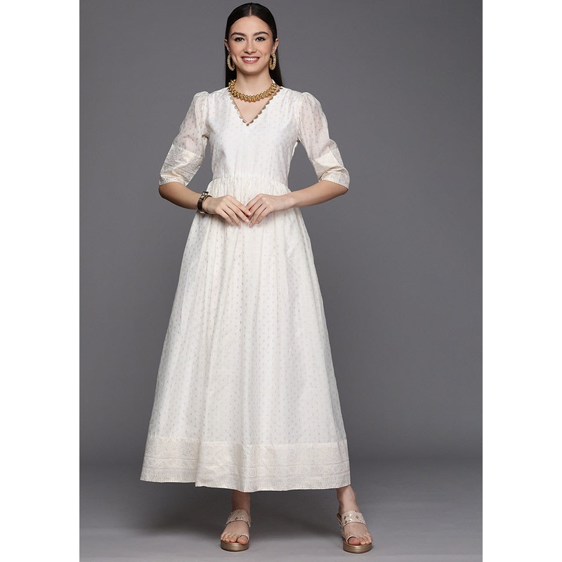Off White Readymade Silk Woven Kurti - JD986590296