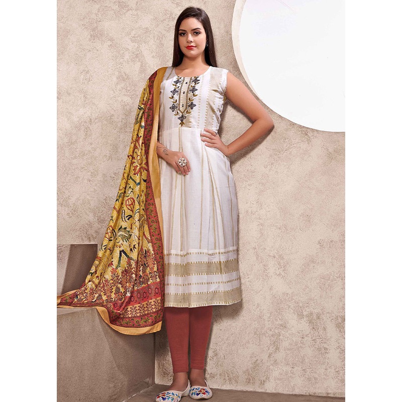 Off White Readymade Silk Woven Kurti - JD986590305