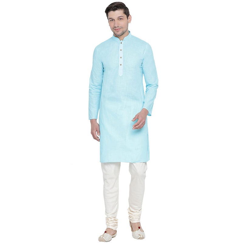 2 Pc Aqua Cotton Kurta With Beige Churidar - JD986590155