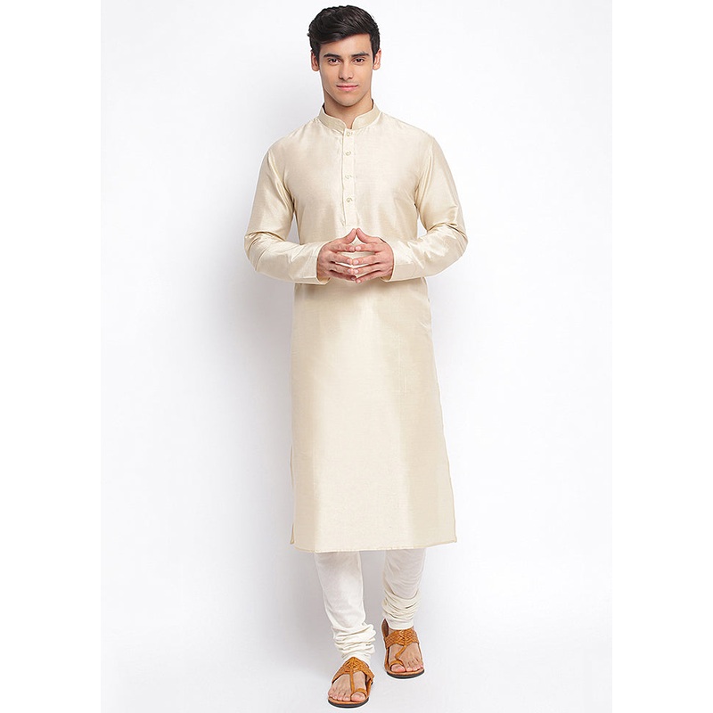 2 Pc Beige Solid Dupion Silk Kurta Pajama Set - JD986590120