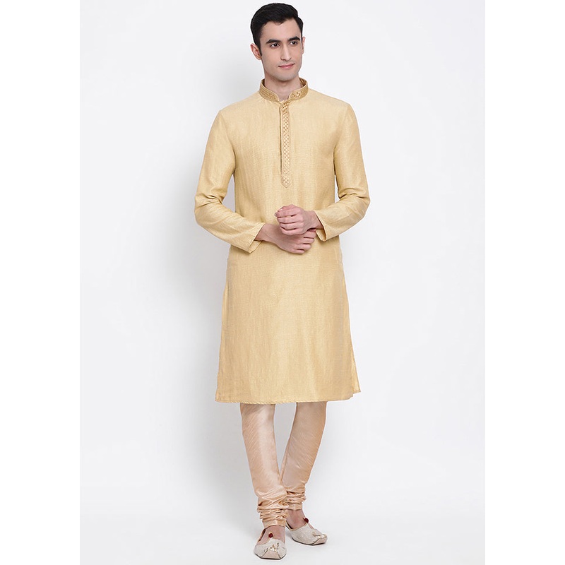 2 Pc Beige Solid Silk Kurta Pajama Set - JD986590099