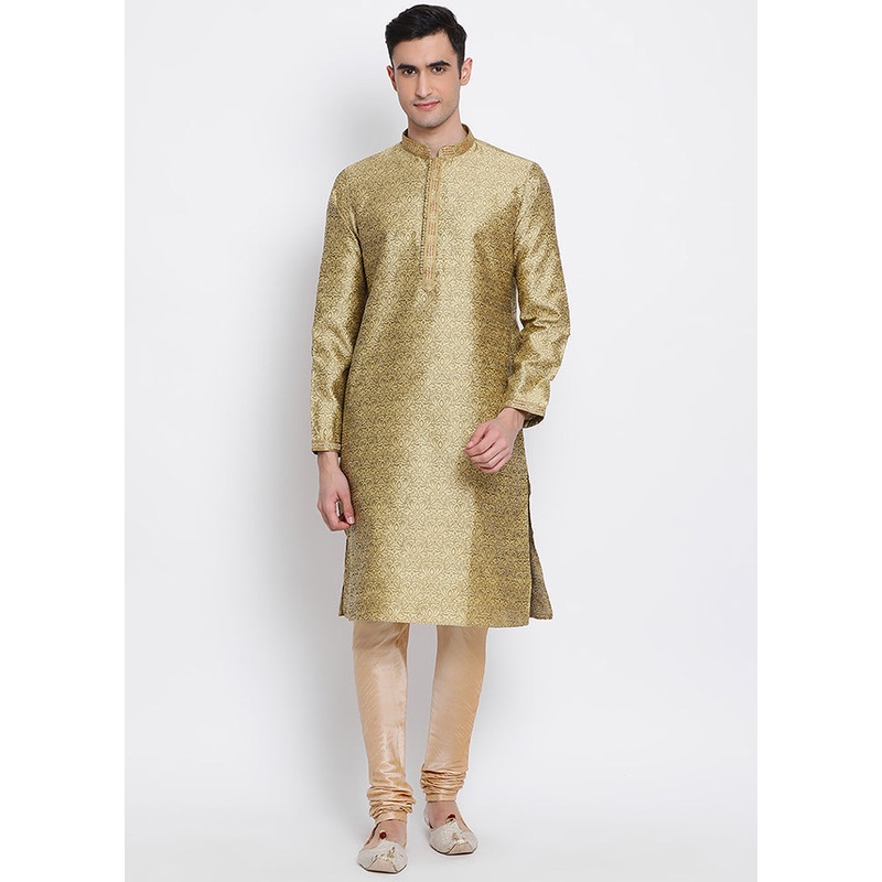2 Pc Beige Solid Silk Kurta Pajama Set - JD986590101