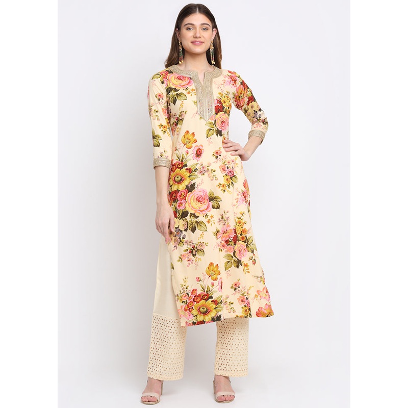 2 Pc Beige Straight Cotton Kurti Set - JD986590244