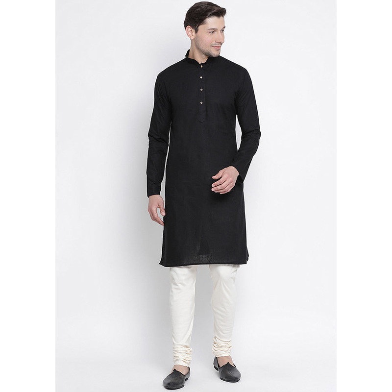 2 Pc Black Cotton Kurta With Beige Churidar - JD986590159