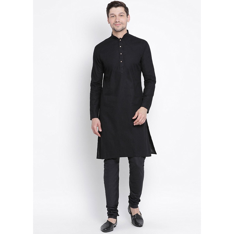 2 Pc Black Cotton Kurta With Black Churidar - JD986590158