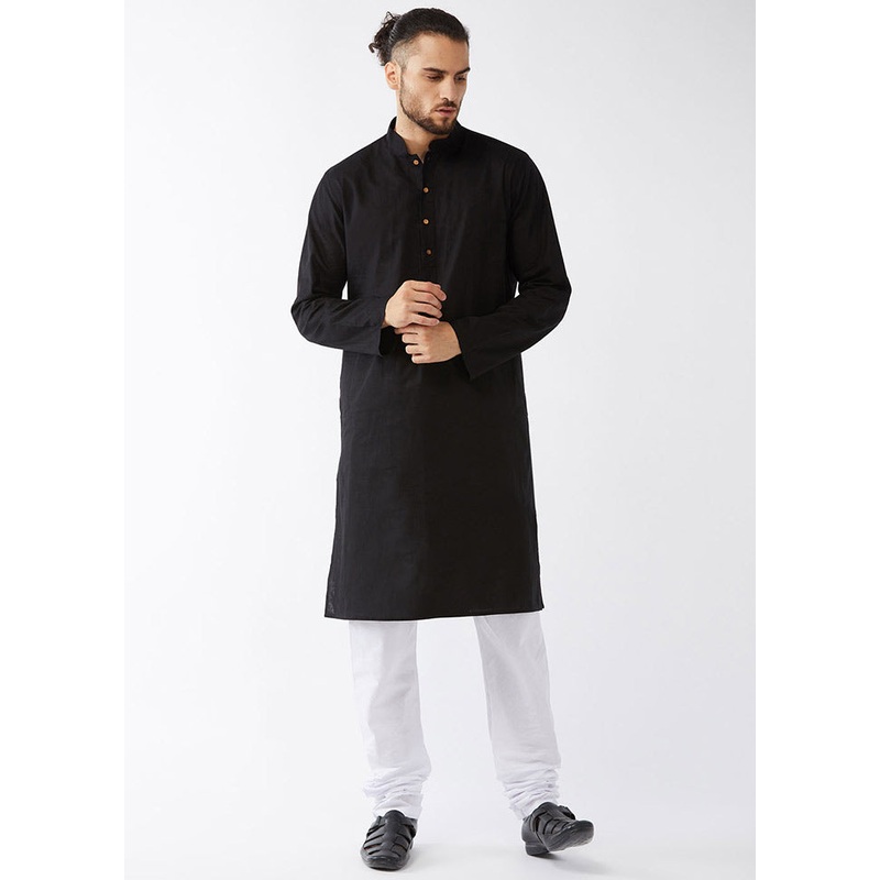 2 Pc Black Cotton Kurta With White Churidar - JD986590157
