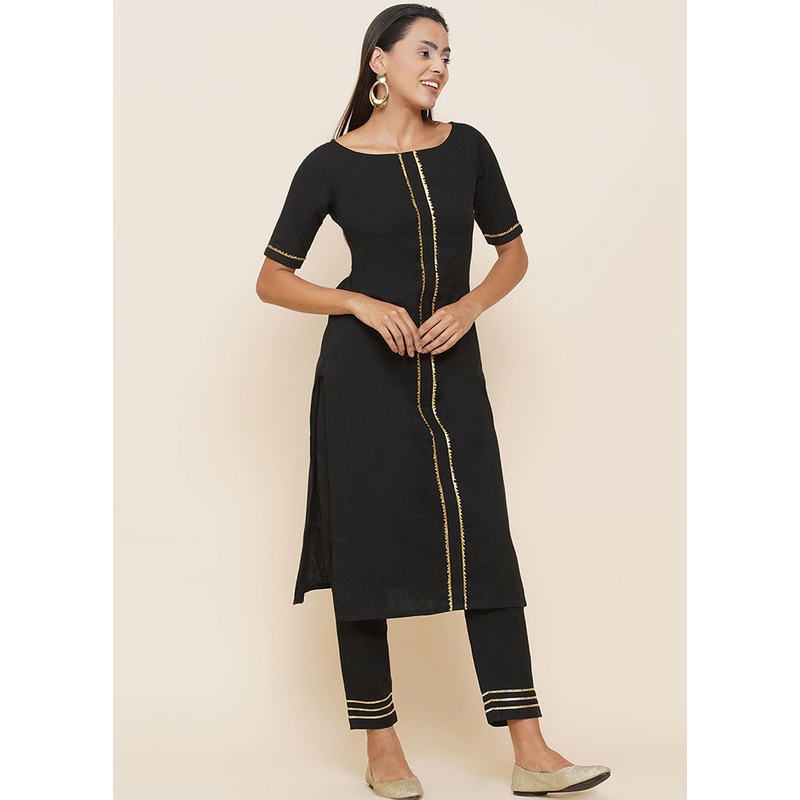 2 Pc Black Embellished Kurti Set - JD986590258