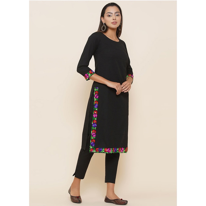 2 Pc Black Embroidered Kurti Set - JD986590253