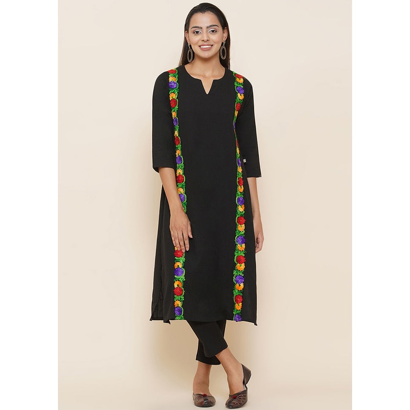 2 Pc Black Embroidered Kurti Set - JD986590255
