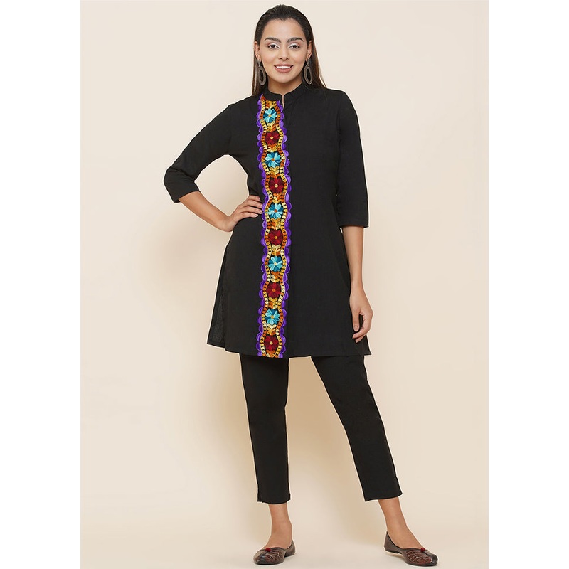 2 Pc Black Embroidered Kurti Set - JD986590256