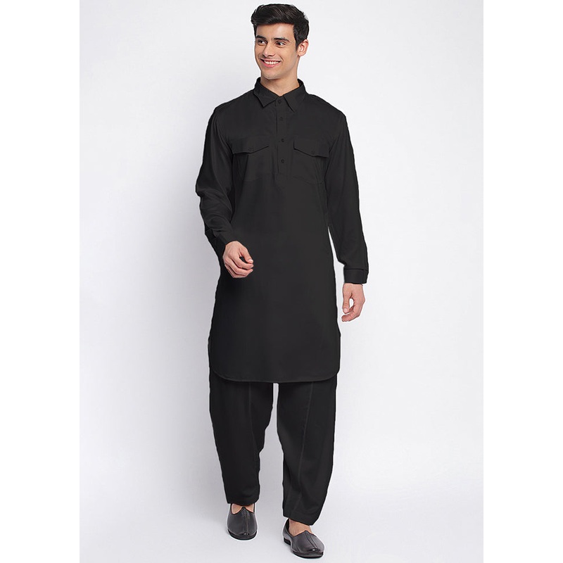 2 Pc Black Solid Cotton Kurta Pajama Set - JD986590139