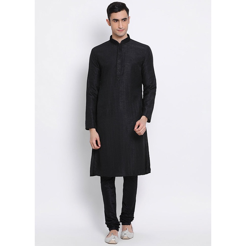 2 Pc Black Solid Silk Kurta Pajama Set - JD986590098