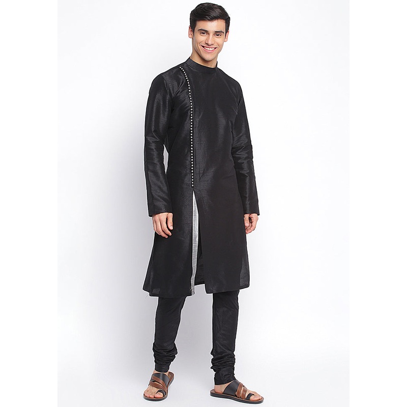 2 Pc Black Solid Silk Kurta Pajama Set - JD986590129