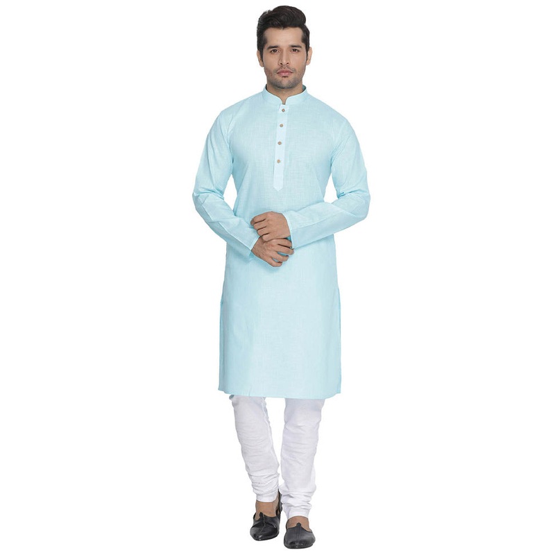 2 Pc Blue Cotton Kurta With White Churidar - JD986590154