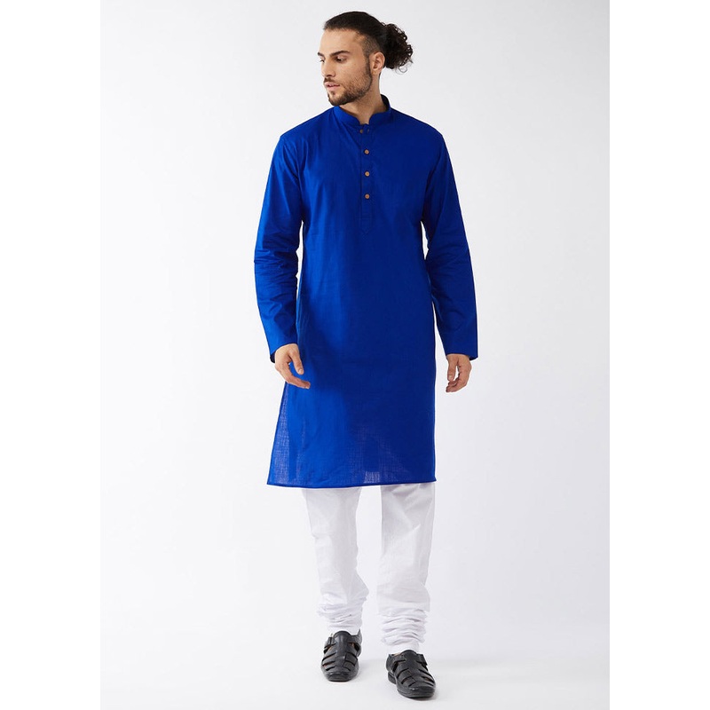 2 Pc Blue Cotton Kurta With White Churidar - JD986590160