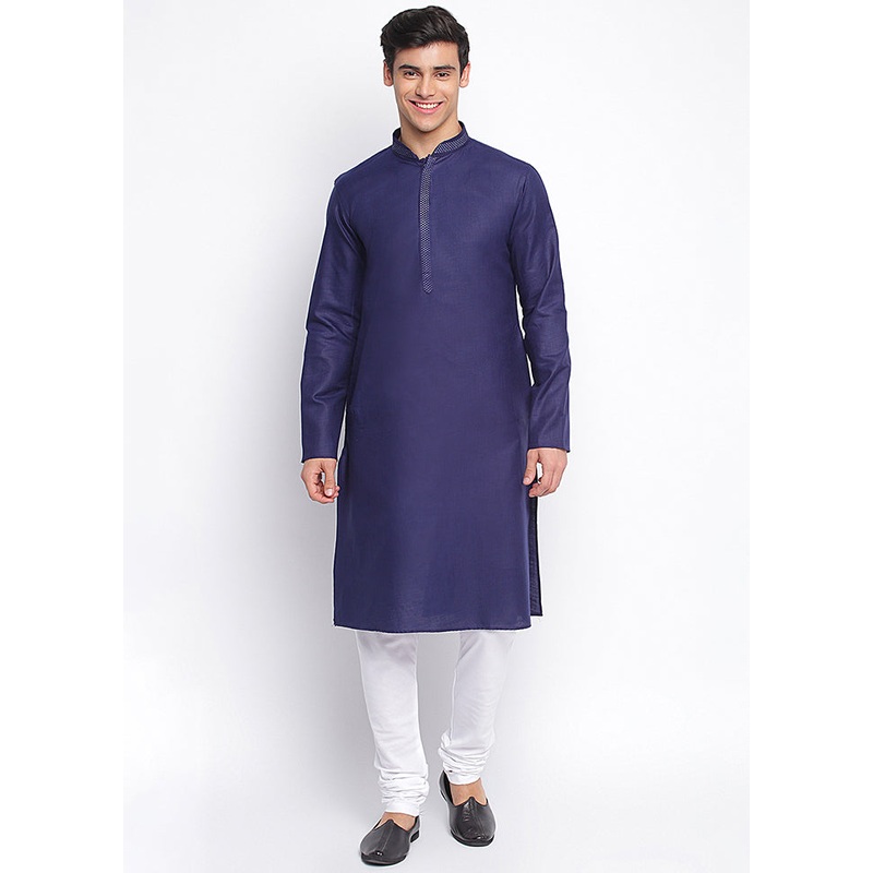 2 Pc Blue Solid Cotton Kurta Pajama Set - JD986590116